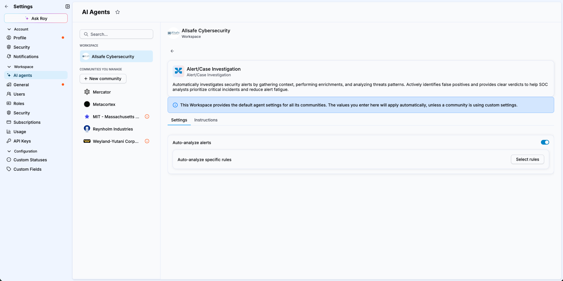 AI agent settings panel with the Auto-analyze alerts toggle enabled