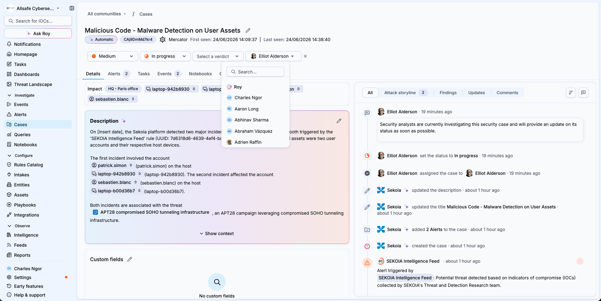 Case assignee dropdown with Roy as a selectable option to trigger an Elevate investigation