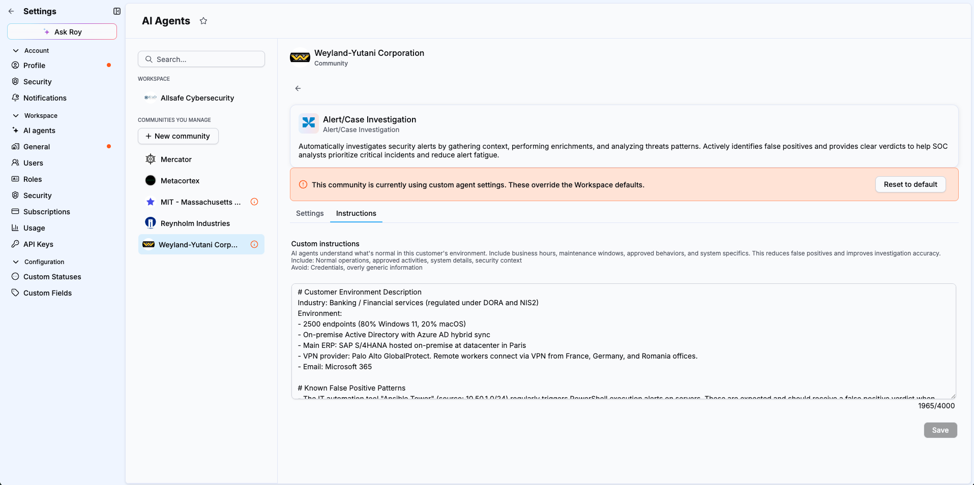 Instructions tab in the AI agent settings panel with a text input field