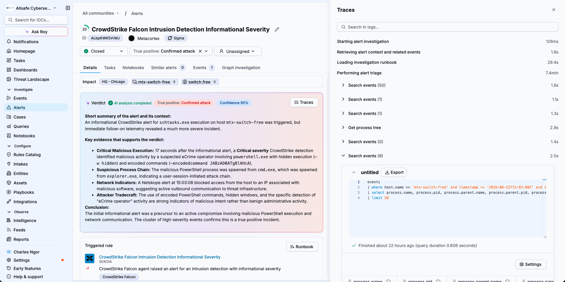 Traces timeline showing nested Search events actions with durations
