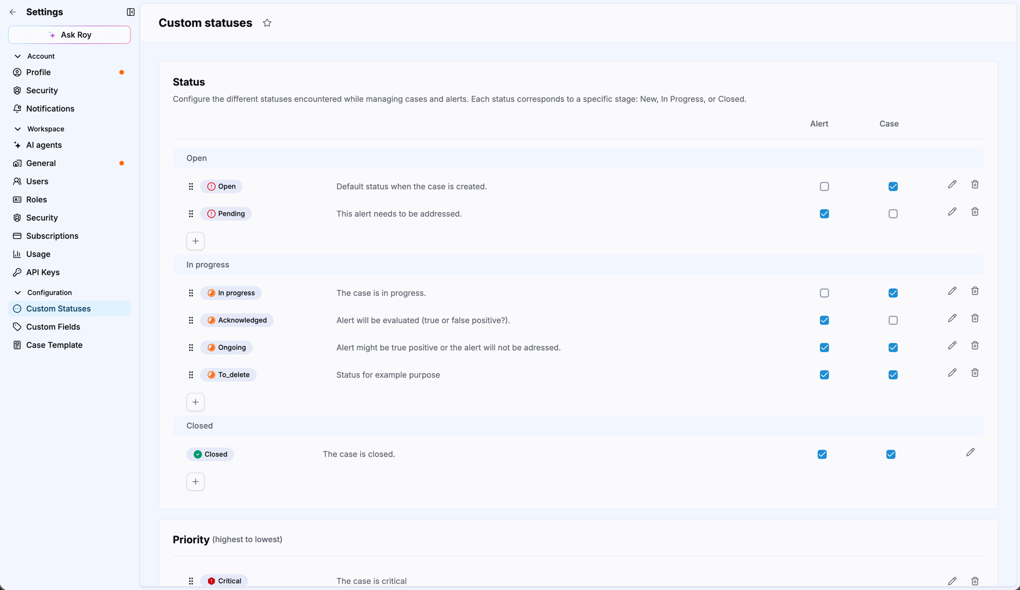 Custom statuses configuration page