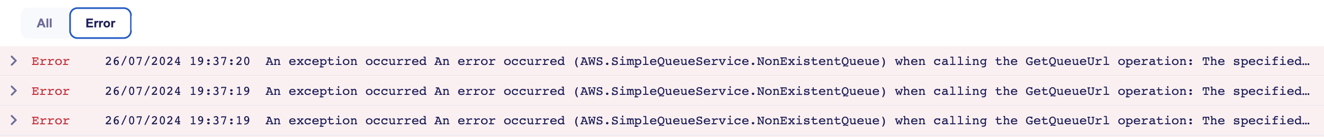 Connector log filtered to Error level
