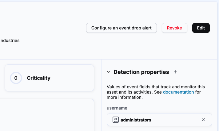 Asset details with the Configure an event drop alert button