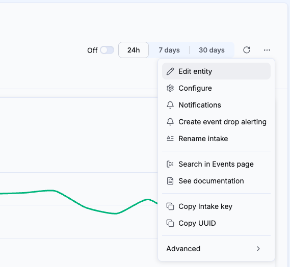 Intake actions menu with Create event drop alerting