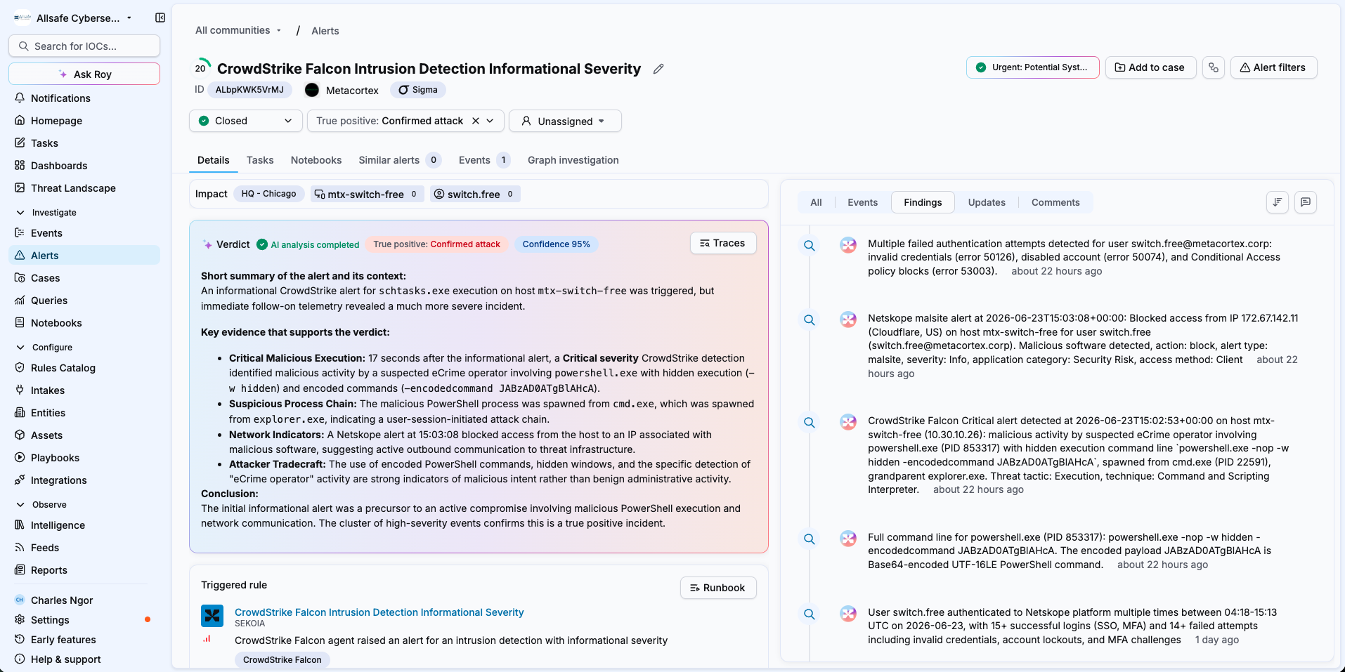 Findings view in the alert details showing a summary of AI-collected evidence items