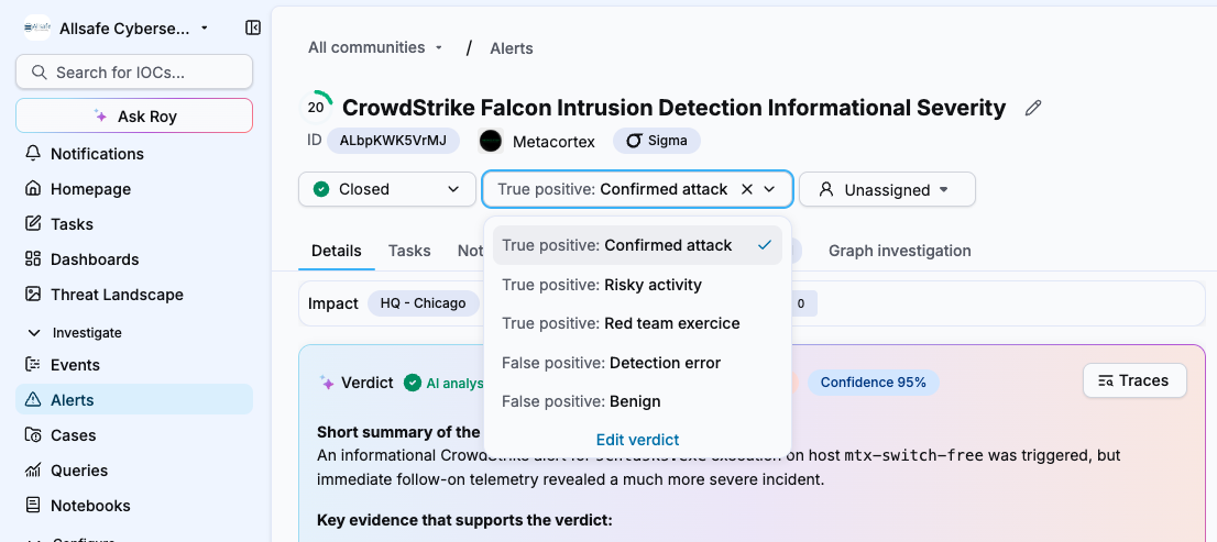 Alert header with the verdict dropdown open showing the available verdicts grouped by category