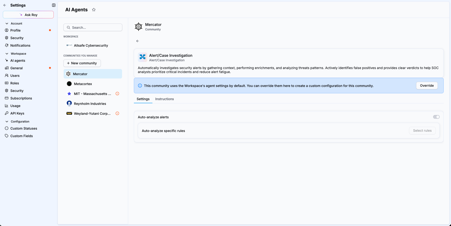 Community-level AI agent settings with the Override option