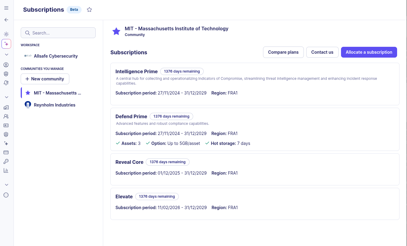 subscription page showing the different active modules and remaining days