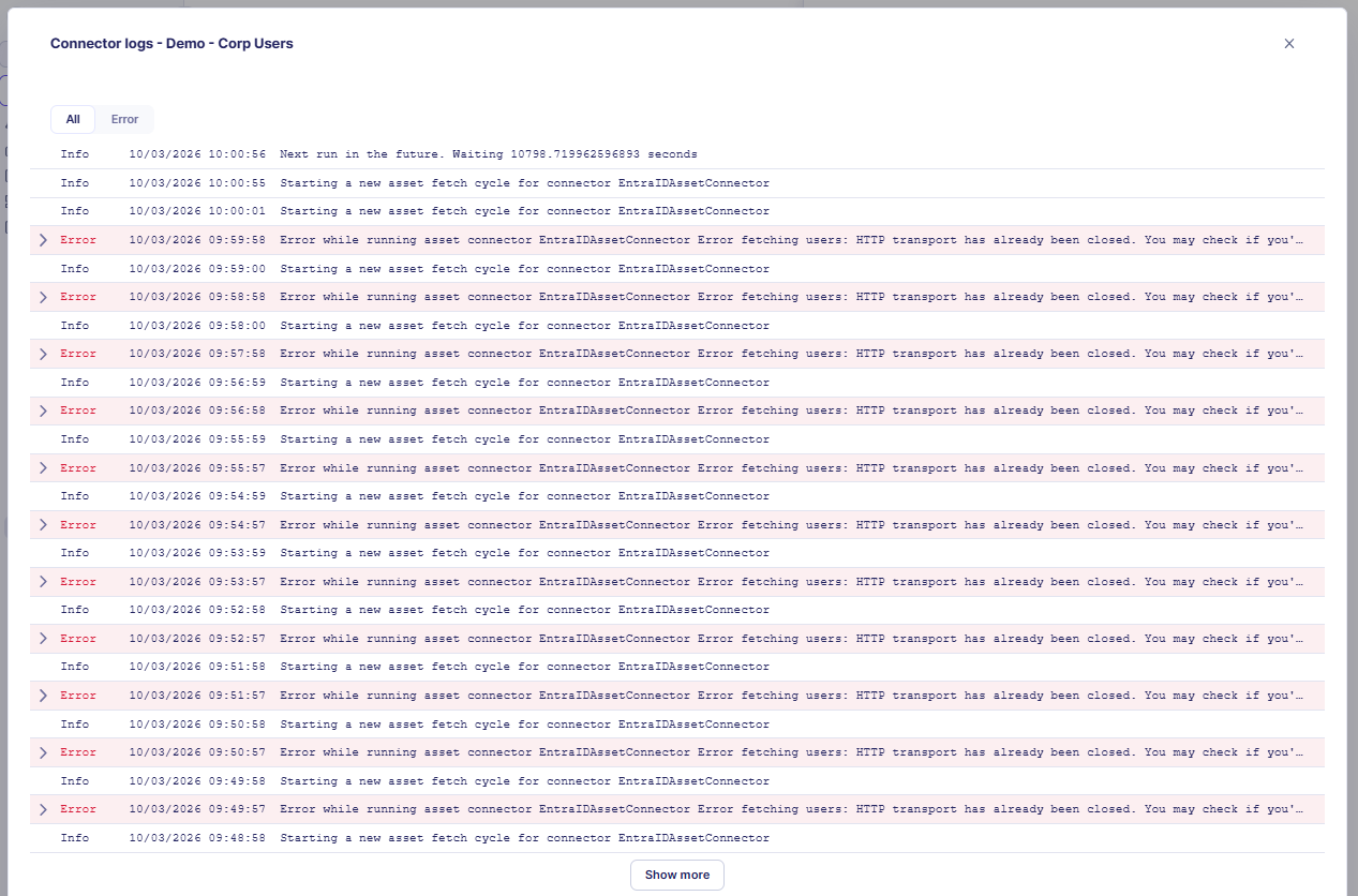 Asset connectors panel showing the options menu for a connector with the View logs item visible