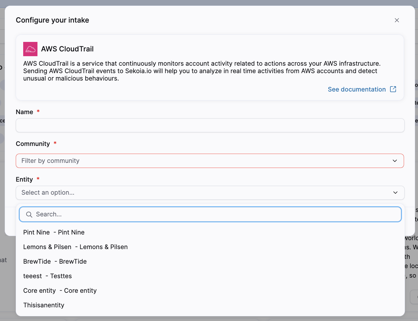 Intake creation modal with fields for name and entity selection