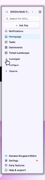 Sekoia left-hand navigation menu with collapsible sections Investigate, Observe, and Configure, plus fixed items at the top and bottom