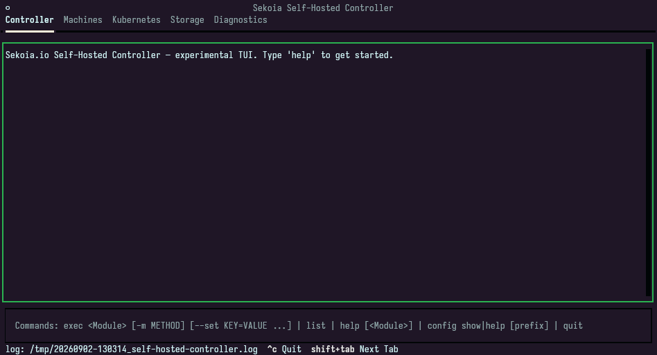 The SHC TUI open on the Controller tab, with the command input and log file path below the output panel.