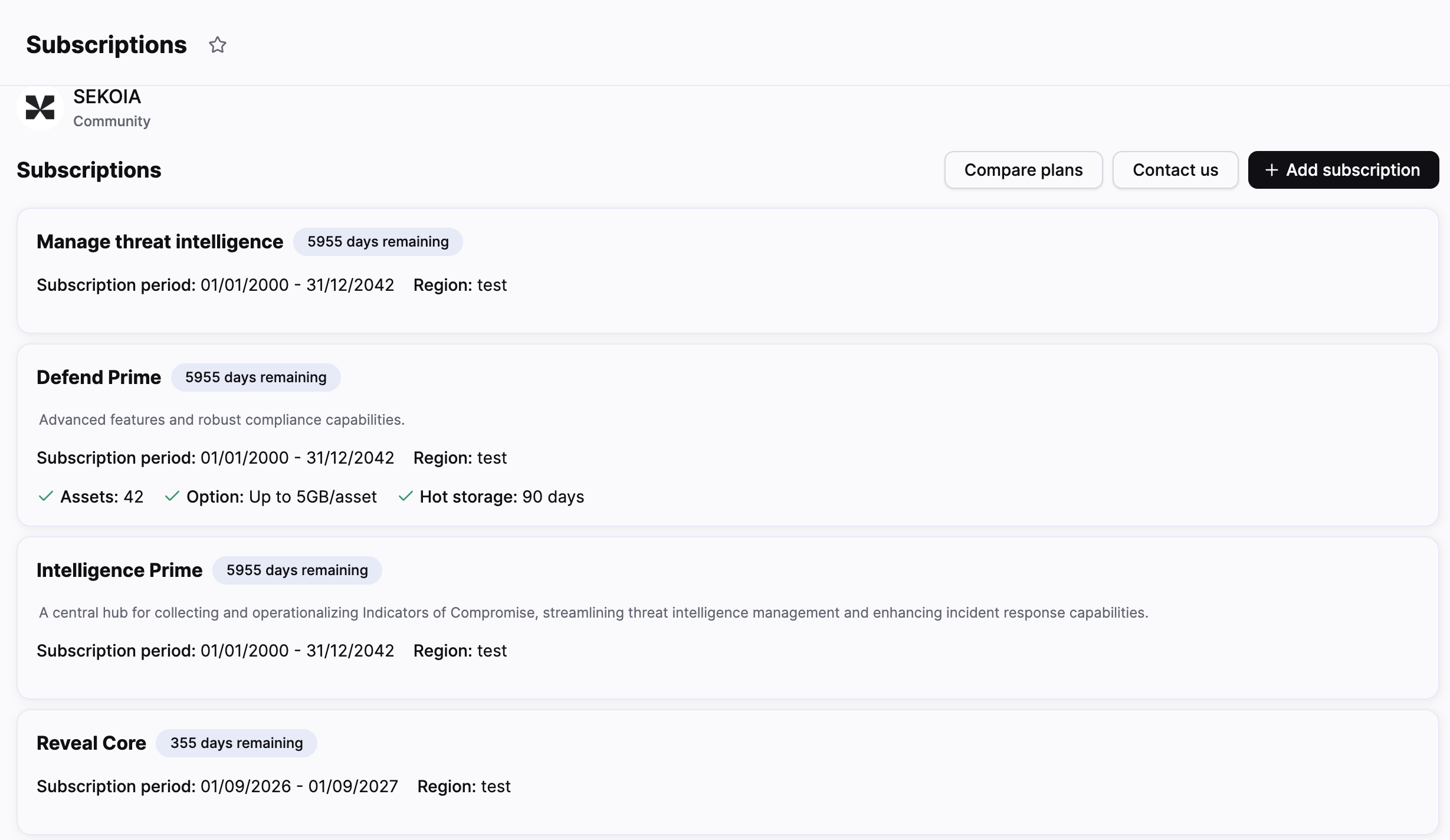 Subscriptions page displaying active subscriptions and available actions