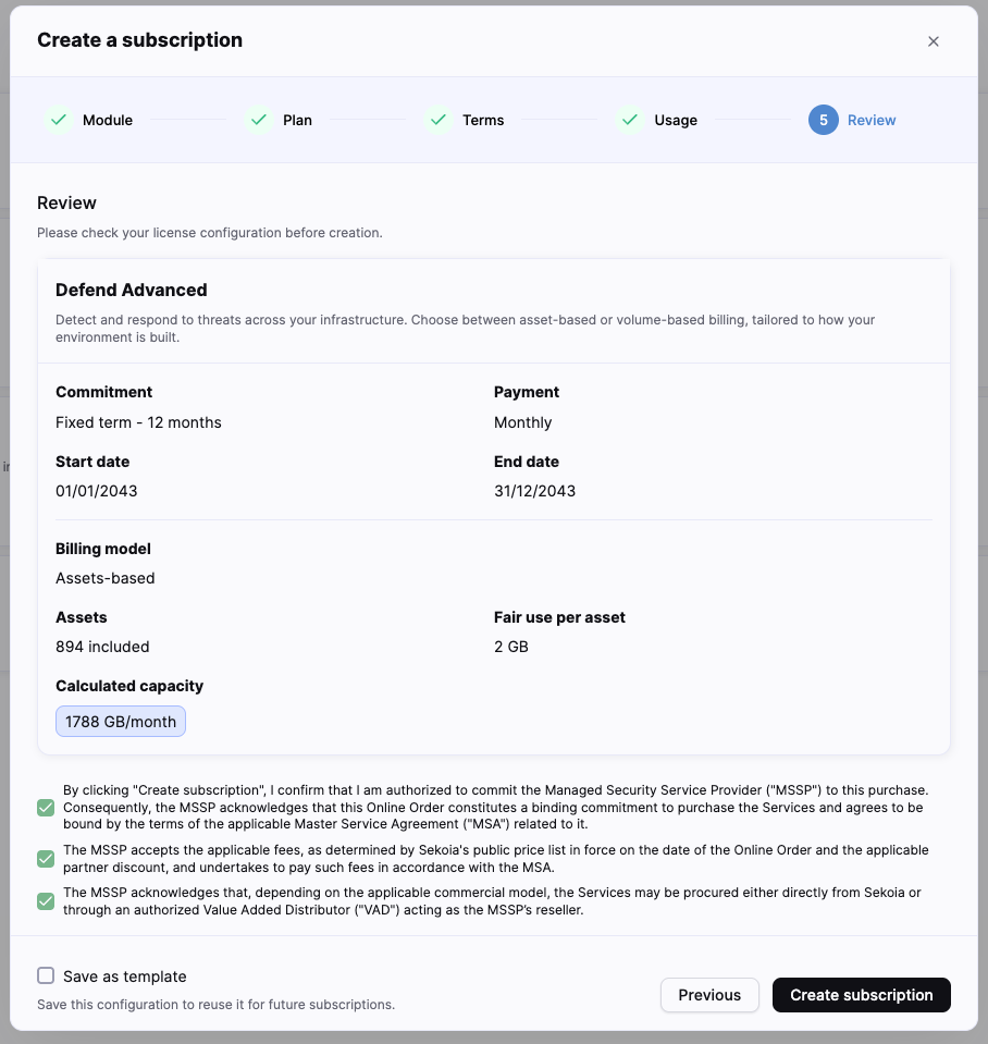 Review step with the configuration summary and required confirmations