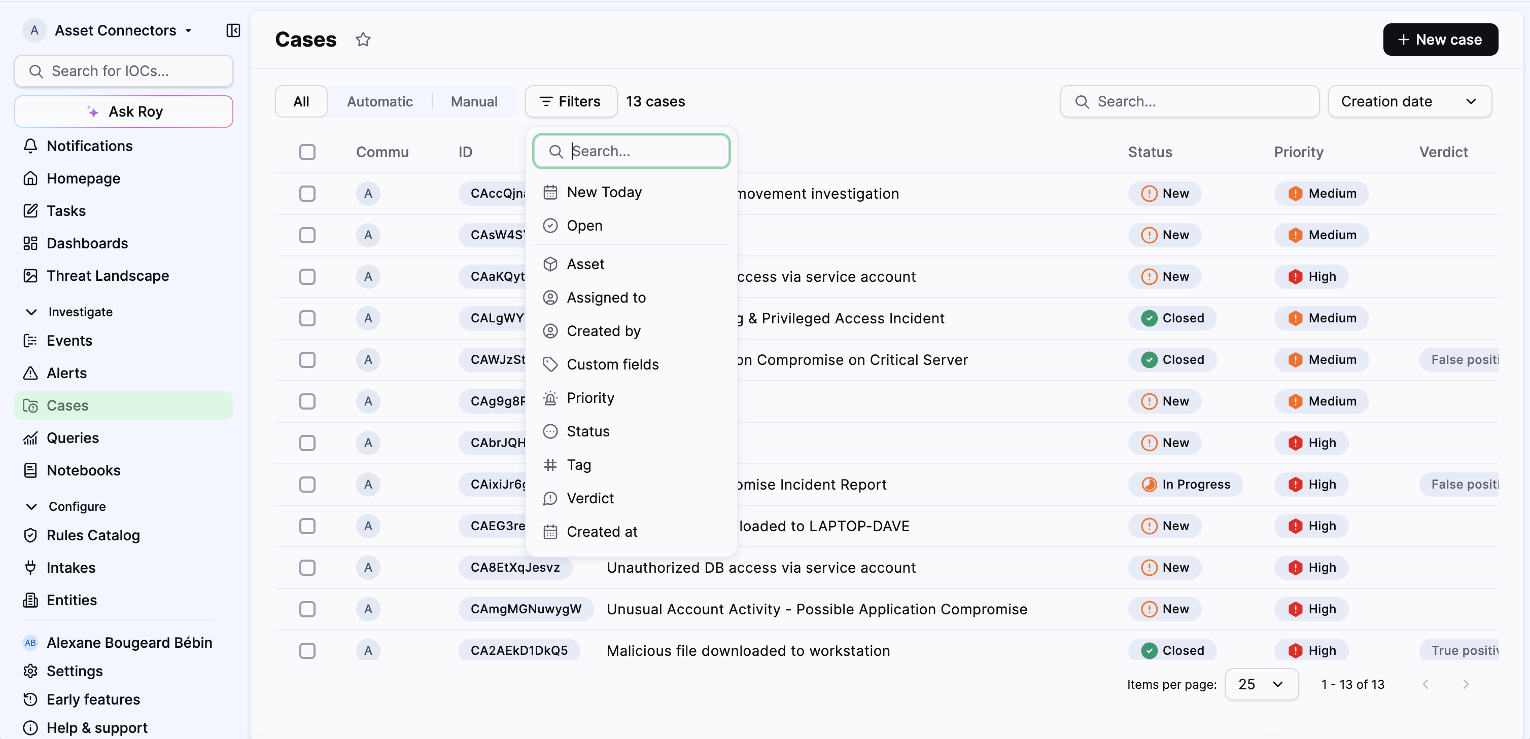 Case listing with filter