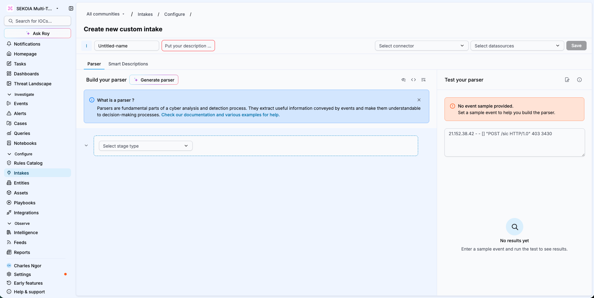 The Build your parser section of a new custom intake, with the Generate parser button next to the section title