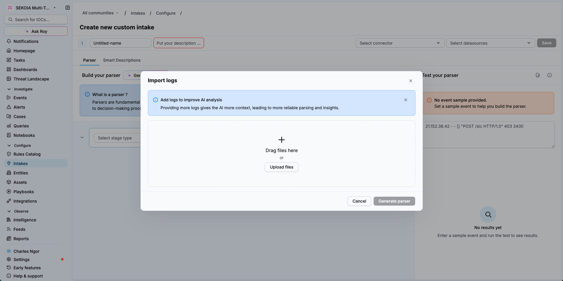 The Import logs modal, with a drop zone for log files and an Upload files button