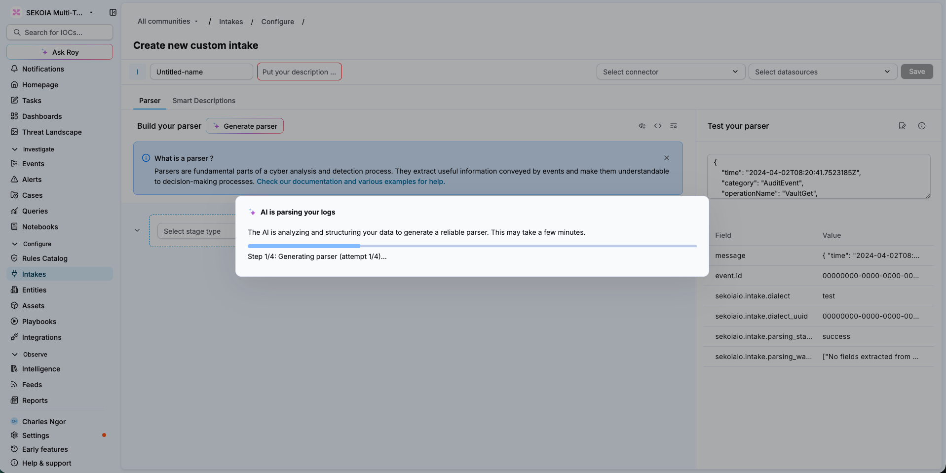 Progress popup titled AI is parsing your logs, showing a progress bar with the current step and attempt number