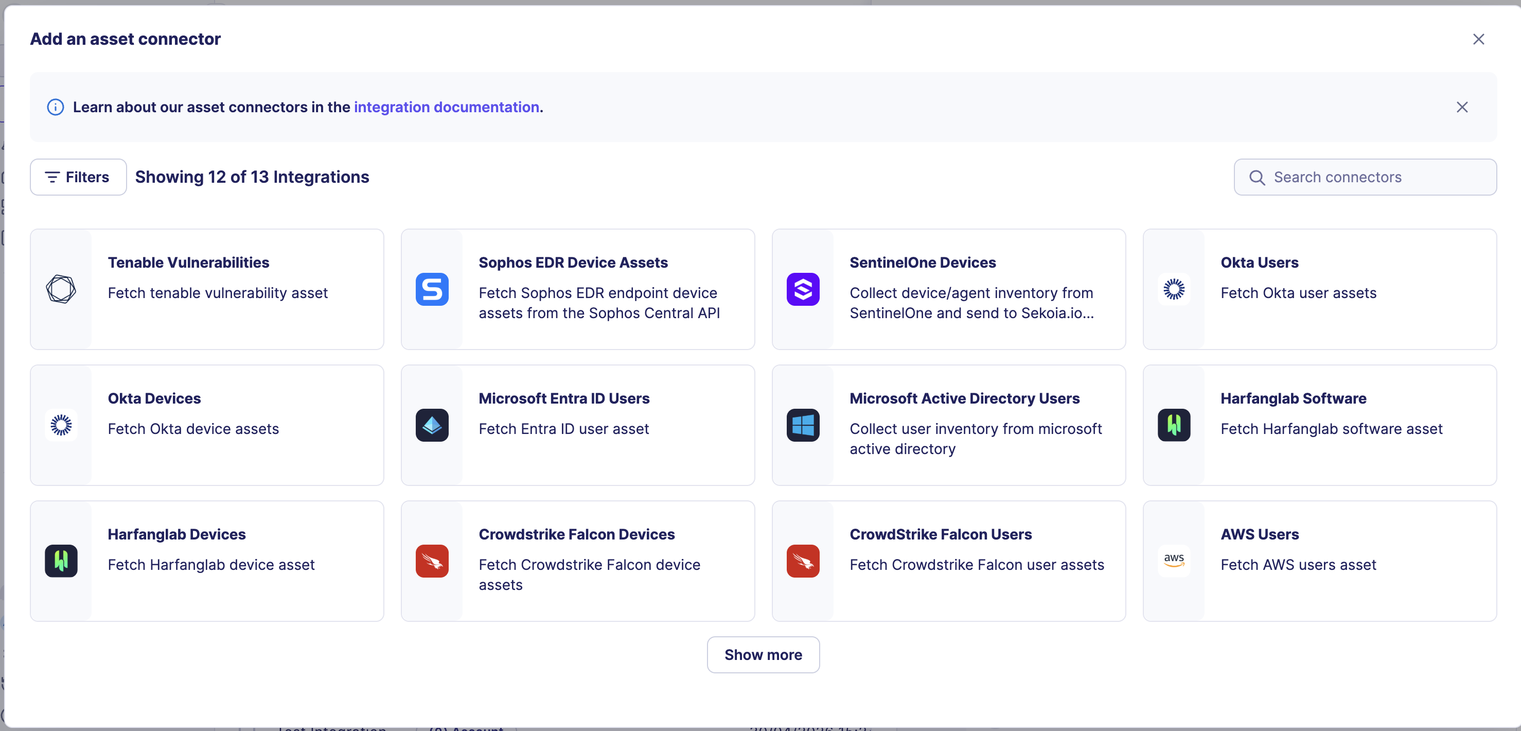 Integration catalog for asset connector