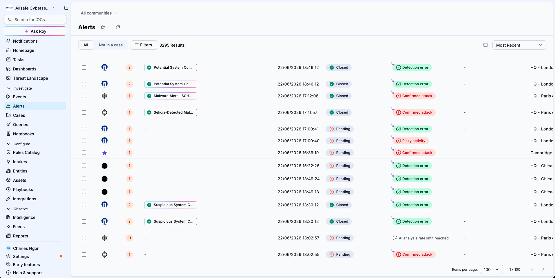 Alert list showing different Elevate verdict states in the Verdict column
