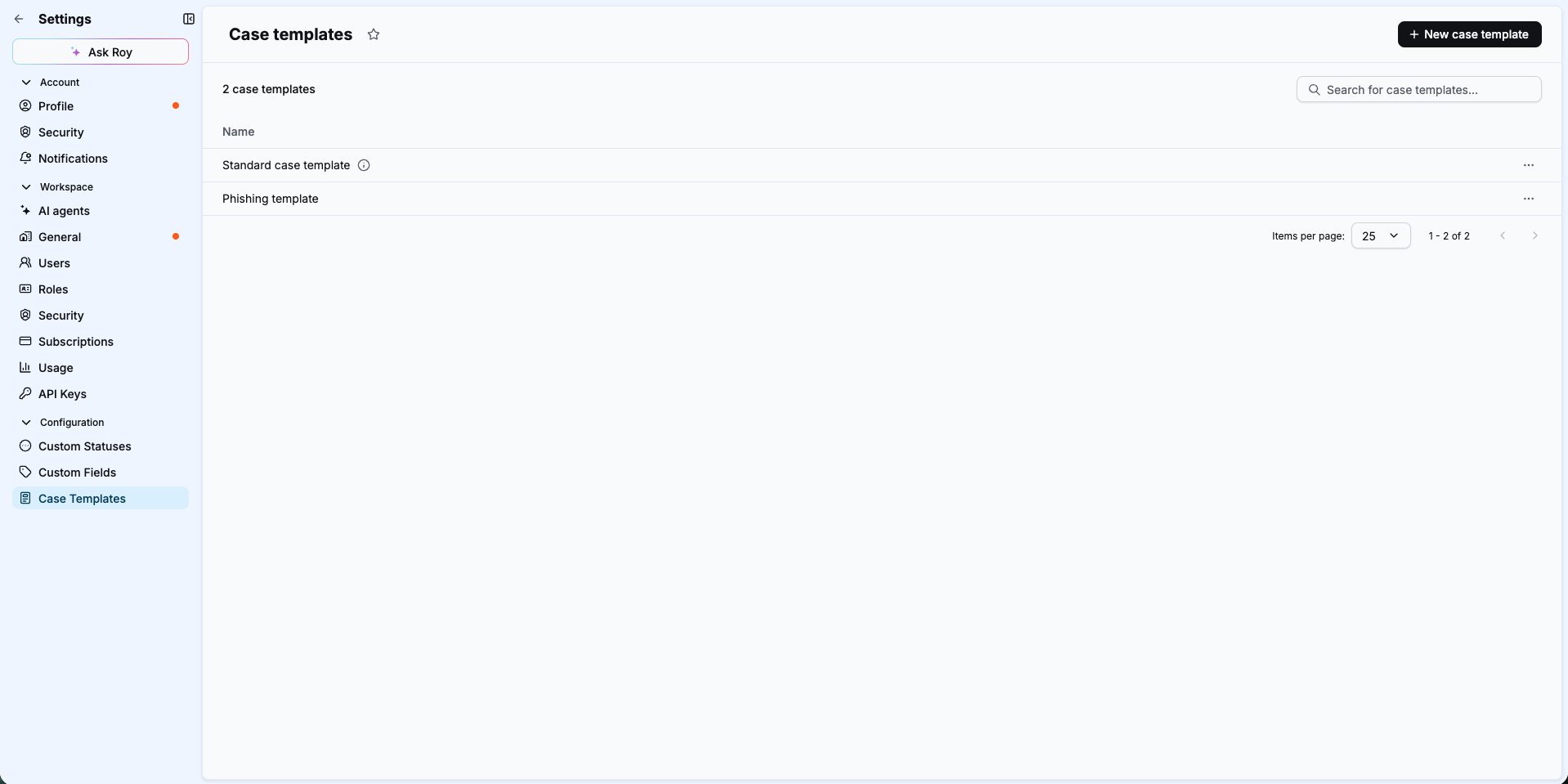 Case templates list page with a "New case template" button