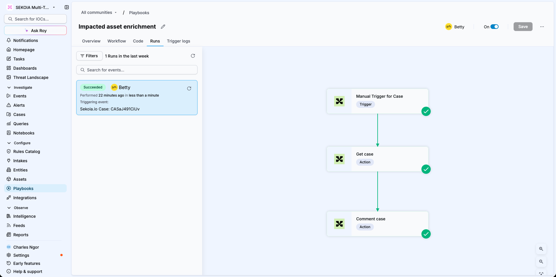 Playbook Runs tab showing a run triggered by a case and the workflow graph with successful nodes