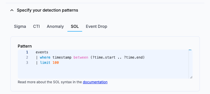 Detection pattern tabs with the SOL pattern selected