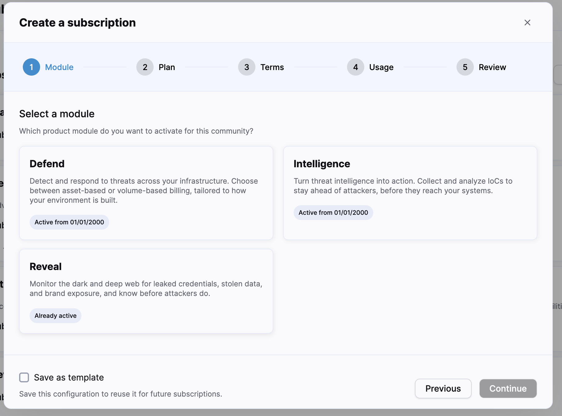 Module step of the subscription creation wizard