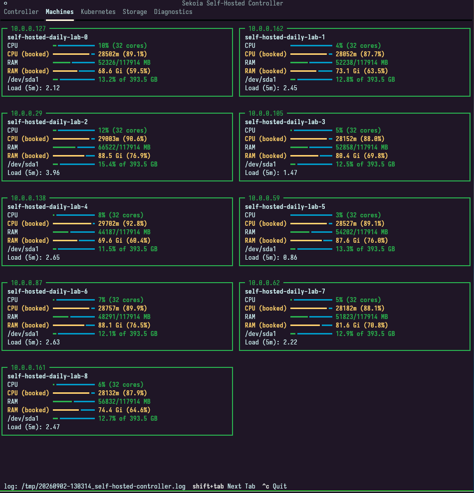 The Machines tab showing live and booked CPU and RAM, disk usage, and load for each host.