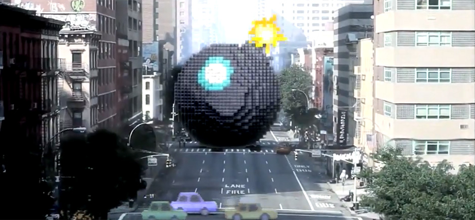 Bombe géante en pixel dans une photo de rue