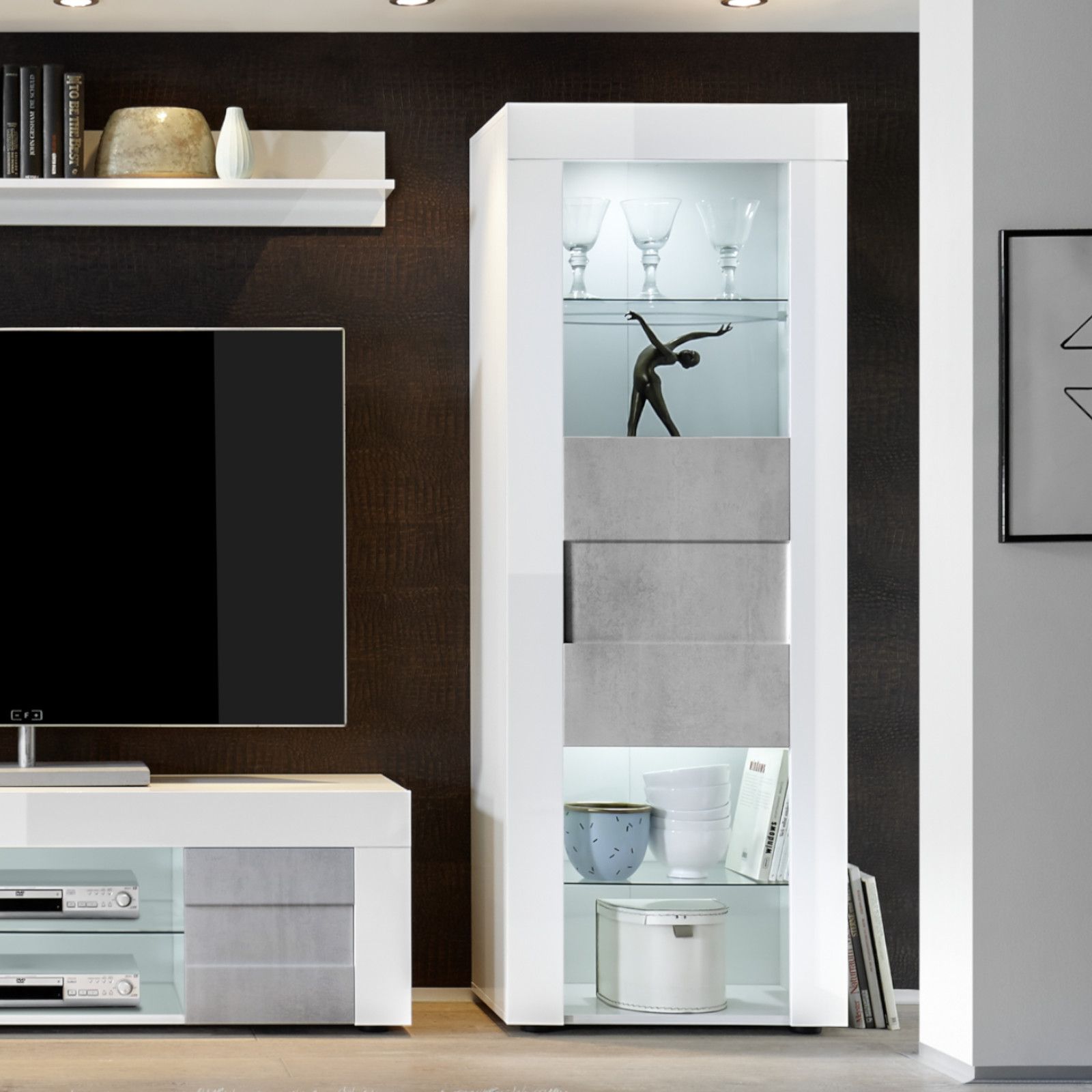 Mensole Mobile Sospeso con Vetrina Base Porta TV con Vani A Giorno Salotto 190 X 40 X 40 Cm Bianco Lucido Laccato e Rovere Chiaro Parete Attrezzata Porto Mobile in Legno per Soggiorno con Vetrine 