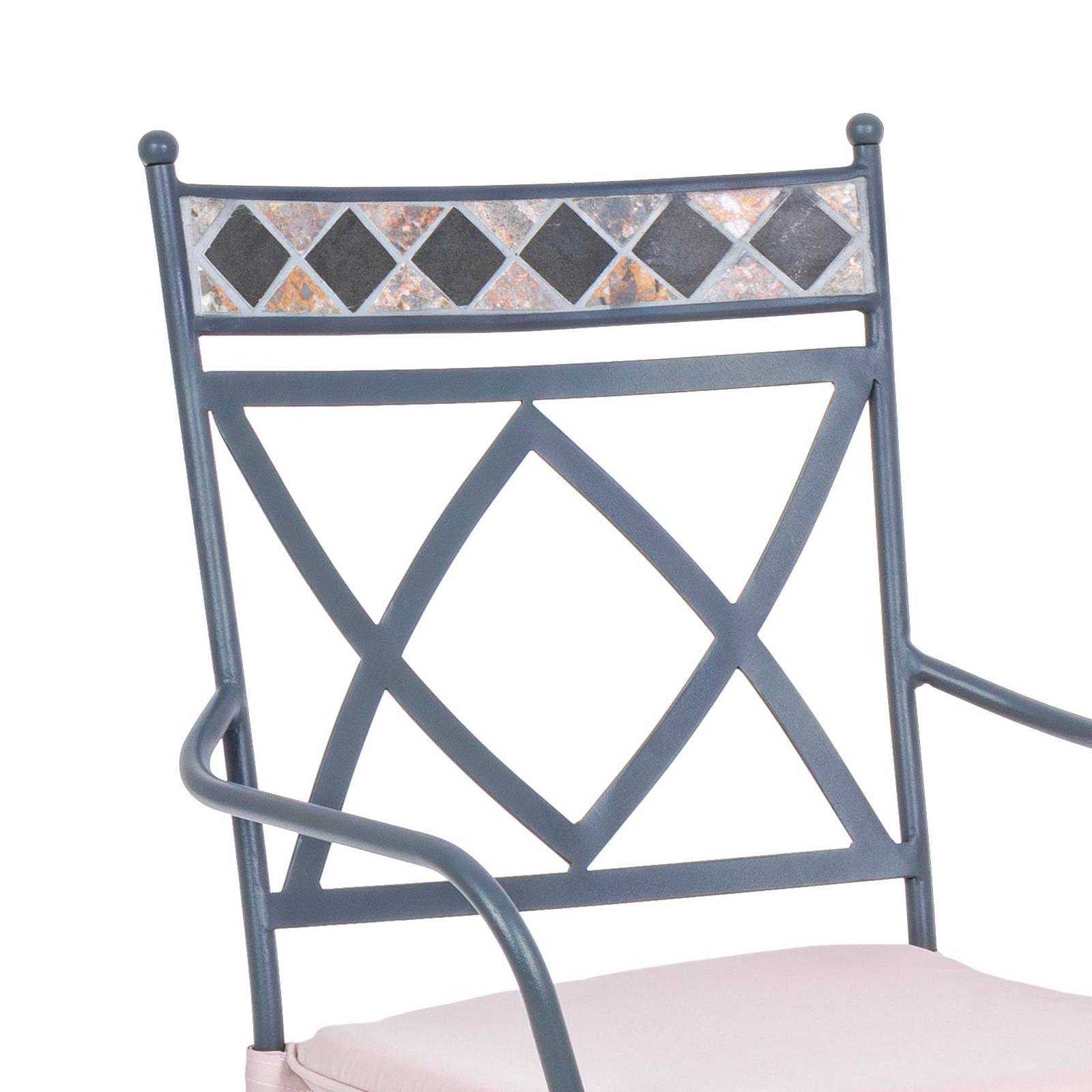 Sedia design Berkley da esterno in ferro e mosaico con cuscino e braccioli arredo giardino 