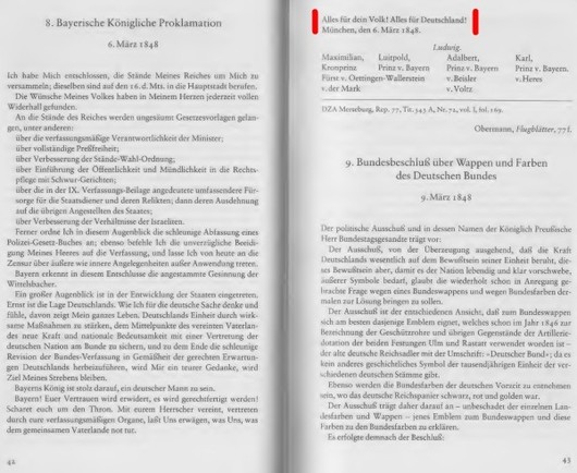 Seite mit Quellentext einer Proklamation des bayerischen Königs von 1849 mit der Parole "Alles für Deutschland!"