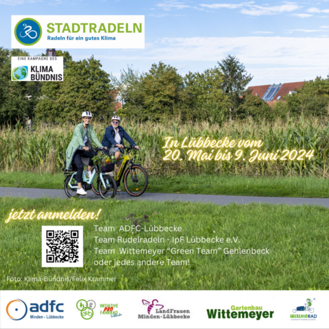 Ein Motiv mit zwei Radfahrenden vor einem Feld, die zum Mitmachen beim Stadtradeln im Kreis Minden-Lübbecke aufrufen. Zum Mitmachen registrieren bei https://www.stadtradeln.de/luebbecke