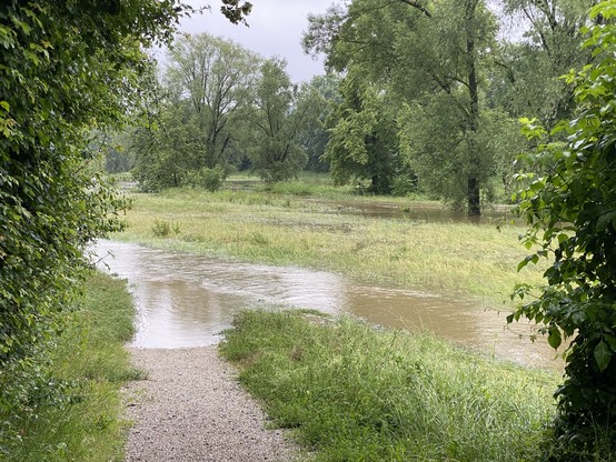 Der Weg in die Flutmulde runter führt jetzt zu einem Überschwemmungsgebiet.