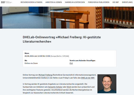 Ausschnitt der oben verlinkten Seite der Bibliothek für Bildungsgeschichtlichen Forschung mit Infos zum Vortrag