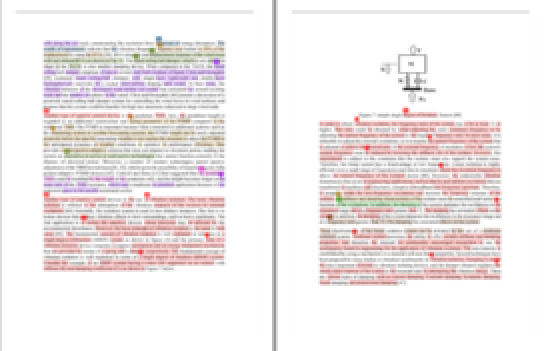 verpixelte Bildschirmfotos eines Plagiatsberichts, alle farblich markierten Stellen sind problematisch