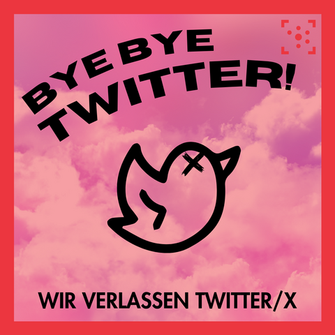 Im Hintergrund ist ein rot überlagerter Himmel mit Wolken. Davor ist eine cmichafte Zeichnung des Twitter-Vogels, aber über dem Auge ist ein X. Darüber steht 