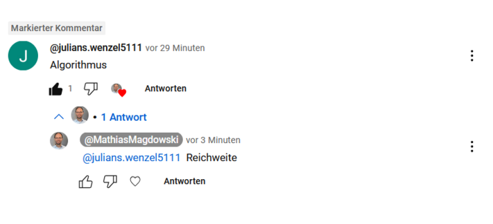 Kommentare unter einem meiner YouTube-Videos:

@julians.wenzel5111
Algorithmus

@MathiasMagdowski
 @julians.wenzel5111  Reichweite 