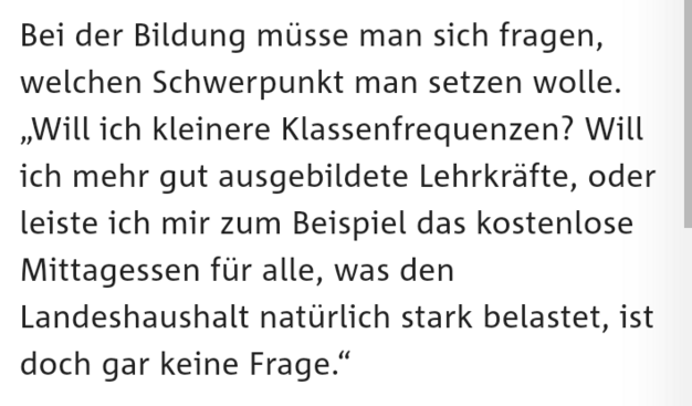 Screenshot aus einem Tagesspiegel-Artikel über Aussagen von Wegner über das Schulessen:
Bei der Bildung müsse man auch fragen, welchen Schwerpunkt man setzen wolle. 