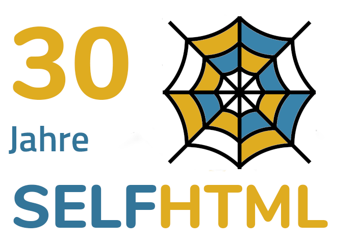 Nachbildung des Netzlogos in heutigem blau-gelb mit Text "30 Jahre SELFHTML&quot;