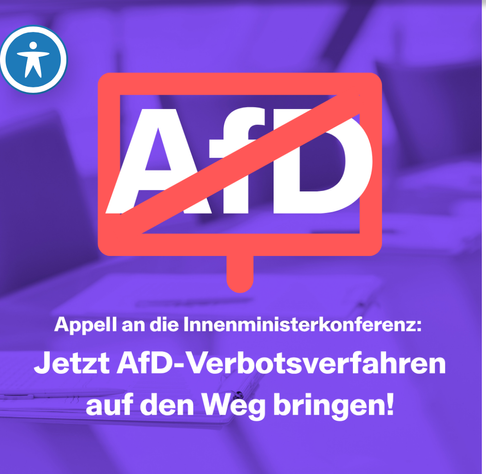 Lila Grafic mit Schrift:Appell an die Innenministerkonferenz: AfD Verbot auf den Weg bringen