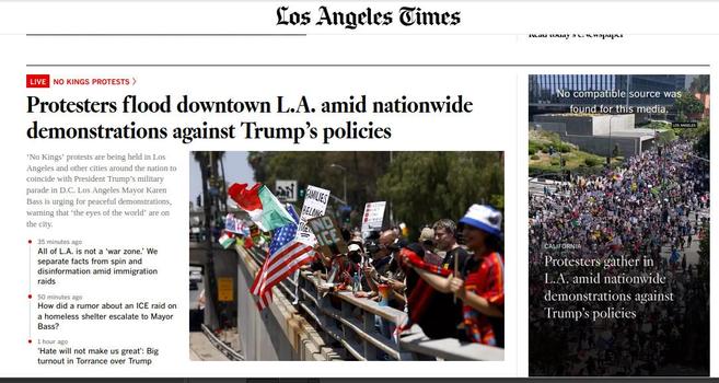Man sieht die Frontseite der (Online-)LA Times und die Headline:" Protesters flood downtown L.A: amid nationwide demonstrations against Trump's politics