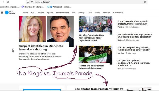 Man sieht eine Frobtpage von "usatoday.com", das doe no-kings-proteste auf der Homepage oben und in der Mitte mit einem ild bringt.
