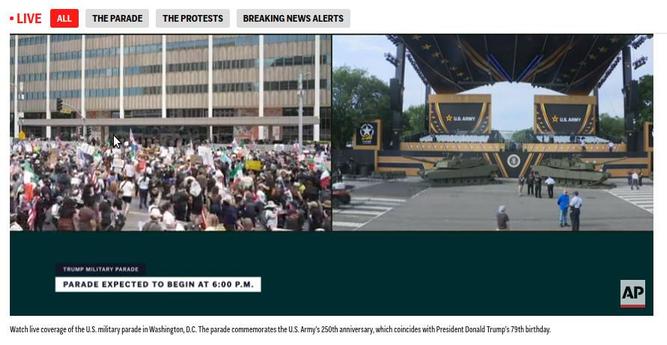 Splitscreen der AP News: Links das bunte vielfältige Volk vor einem verwaltungsgebäude, rechts zwei Panzer udnfünf menschen unter einem riesigen Open-Air-Hallendach