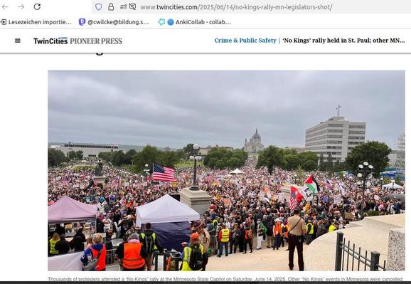 "Thousands of demonstrators turned out toprotest the trump Administration in St.Paul on saturday, even as dozens of other "No Kings" events across Minnesota were caceled after two lawmakers and their spouses werde shot overnight in what Gov. Tim Waltz called "targeted political violence."