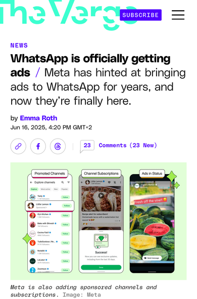 Screenshot eines Artikels von TheVerge, der Werbung auf WhatsApp ankündigt.