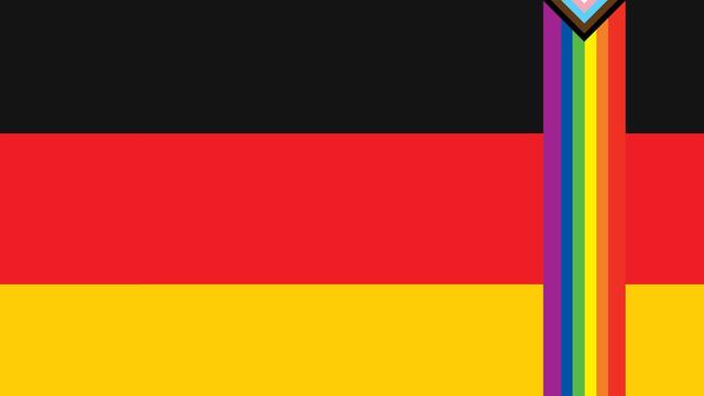 Deutsche Flagge (Schwarz Rot Gold) mit einer Vertikalen Banderole in Regenbogenfarben (Progress Flag