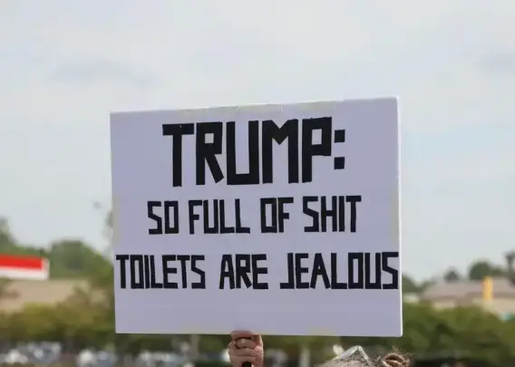 man sieht ein Plakat der NoKings- Proteste mit der Aufschrift: "Trump: So full of Shit Toilets are Jealous