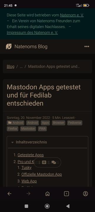 man sieht einen Screenshot auf dem der unermüdliche Natenom, der durch einen Autofahrer getötet wurde, verschiedene Mastodon - Clients testet